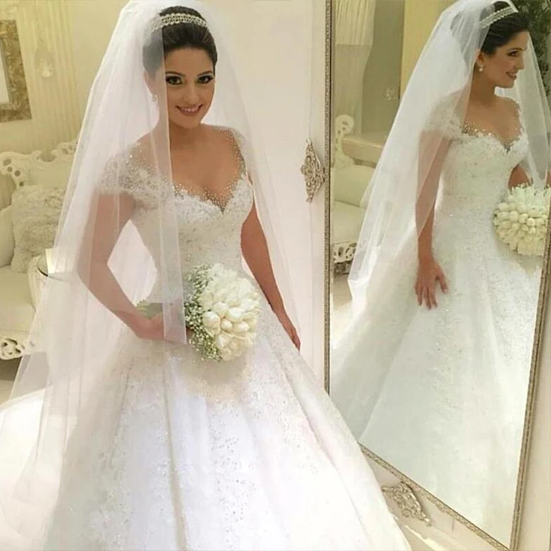 

ZJ9099 Crystal Flowers Ball Gown Wedding Dresses 2023 New Cap Sleeve Muslim Lace Appliques Bridal Dress