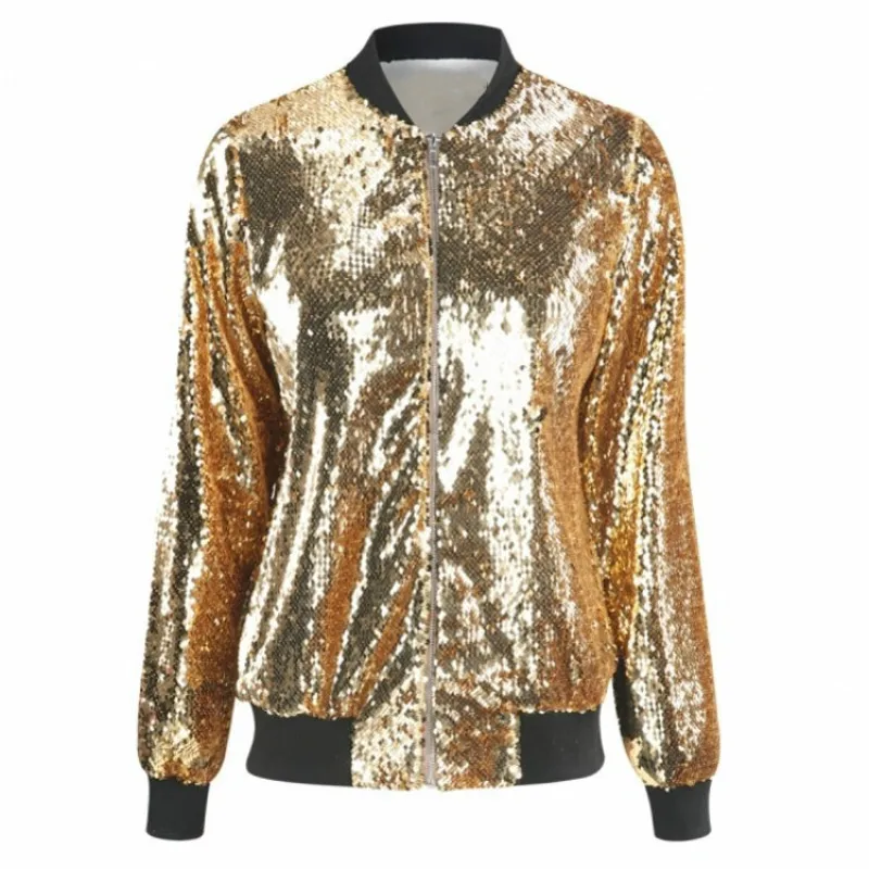 Spring Autumn Women Sequin Coat Green Bomber Jacket Long Sleeve Zipper Streetwear Tunic Loose Casual Basic Lady Outwear