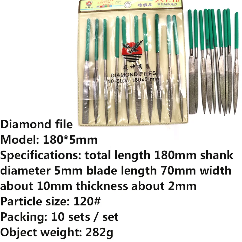 10pcs 120 Grit Assorted Diamond File 5x180mm Mini Rasp Needle File Repair Wood Glass Grinding Hand File Tools Set For HSS Jade