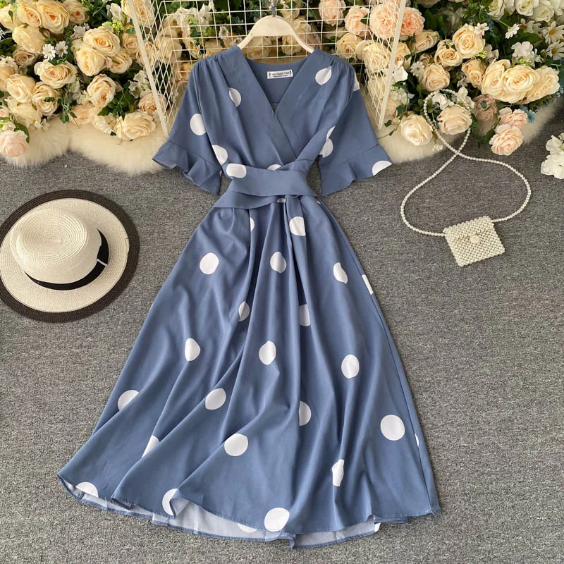 Franse Slanke Vintage Polka Dot Print V-hals Bandage Jurk Zomer Midi Lange Party Vrouwen Hoge Taille Vestido De Festa elegante Jurk