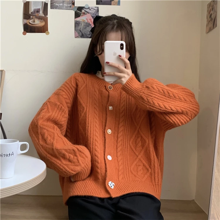Cardigan Mujer Korean Style Loose Retro Lantern Sleeve Candy Color Twist Cardigan Sweater Coat Women Tops Thick Knitted Sweaters