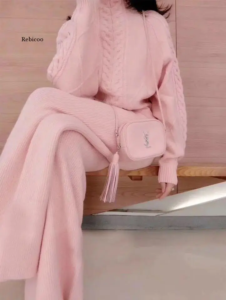 high-collar twist pink sweater two-piece women's knitted suit wide-leg pants western style suit tide Women's office suit