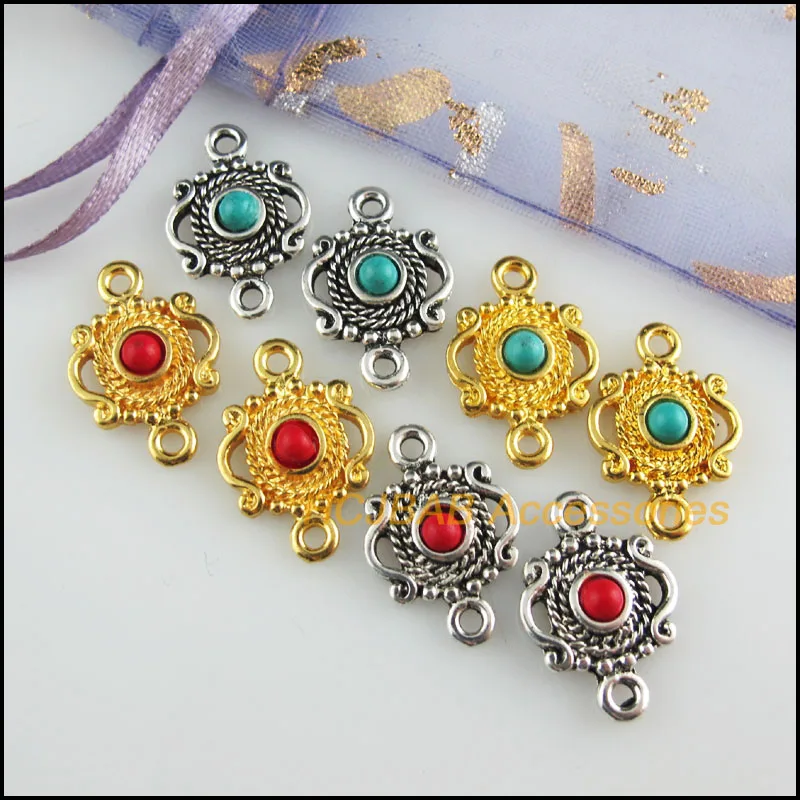 15Pcs Tibetan Silver Tone Gold Color Crown Red & Blue Stone Flower Charms Connectors 13x19mm