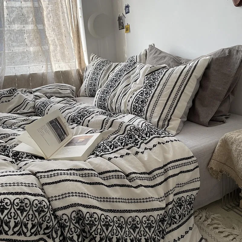 

White Black Geometric Stripe Boho Duvet Cover Set Queen King 4pcs Yarn Dyed Wasehed Cotton Comforter Cover Bed Sheet Pillowcases