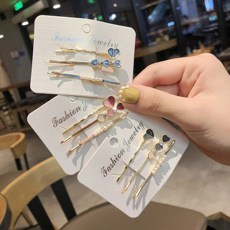 3 unids/set INS mismo horquilla estilo coreano pinzas para el cabello de perlas dulce niñas flequillo pasadores de maquillaje mujeres Simple forma de corazón sombreros