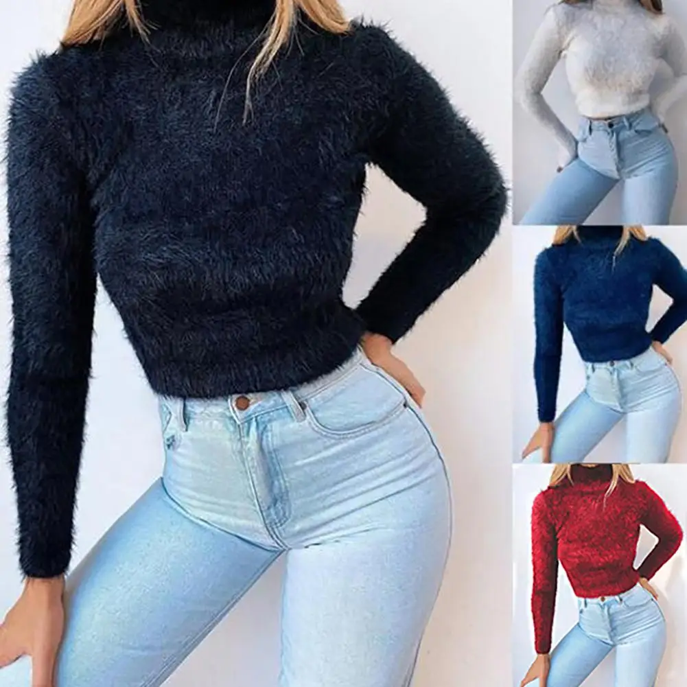 Women Autumn Winter Solid Color Long Sleeve Turtleneck Plush Crop Sweater Top Autumn Winter New Ladies Skinny Slim