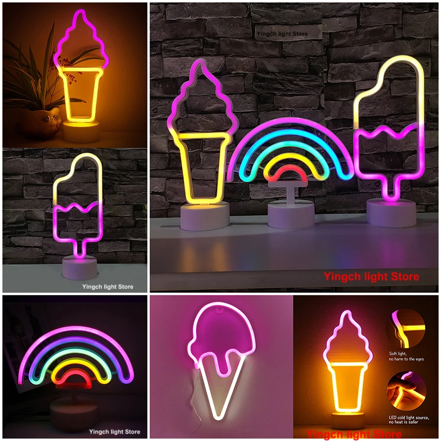 LED Neon Light Ice Cream Popsicle Rainbow Sign Modeling Lamp Bulbs Decor Drink Shop Room Party Wall Art Wedding Christmas Gift