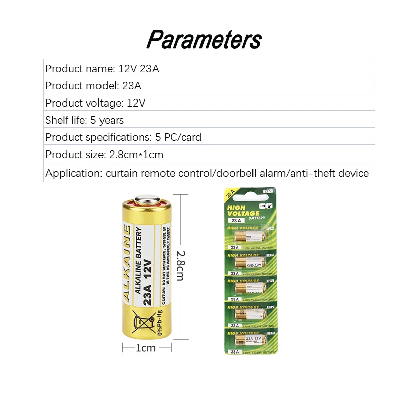 5Pc/card 10Pcs 23A Battery 12V Primary Dry Alkaline Batteria 23GA A23 A-23 RV08 LRV08 E23A V23GA for Alarm-Remote