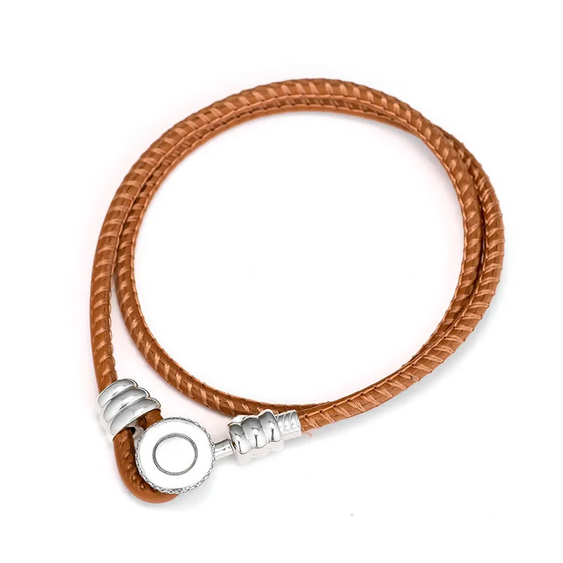 Golden Tan Leather Bracelets 925 Sterling Silver Sign Round Shape Closure DIY Braided Chain Bracelets for Women & Men Jewelry