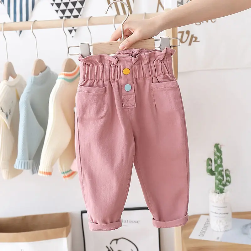 Fashion Baby Girl Jean Pants Cotton High Waist Infant Toddler Child White Pink Trousers Button Baby Loose Pant Clothes 1-7Y