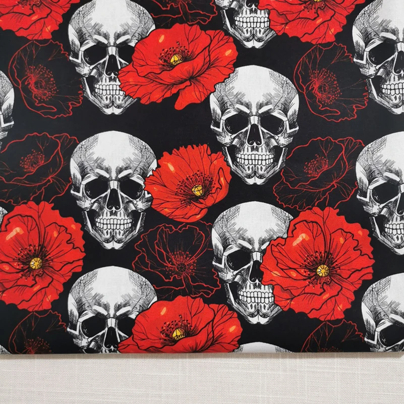 Cotton Sugar Skull Cotton Digital Printed Halloween Fabric Muslin for Quilting DIY Handmade By The Half Meter