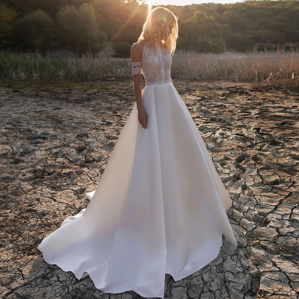 Boho vestidos de casamento 2022 ilusão o pescoço a linha do laço vestidos de casamento botão cetim trem varredura longo vestidos de noiva robe de mariee