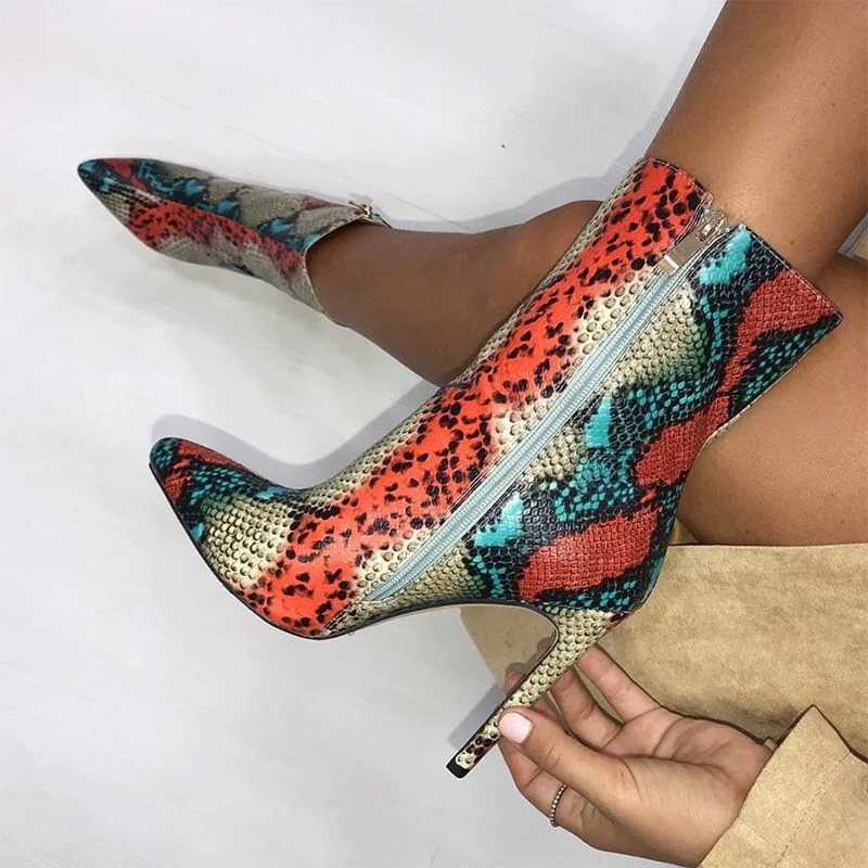 2023 Luxury Women 11.5cm High Heels Fetish Boots Lady Ankle Boots Block Snake Skin Print Prom Fall Prom Plus Size Booties Shoes