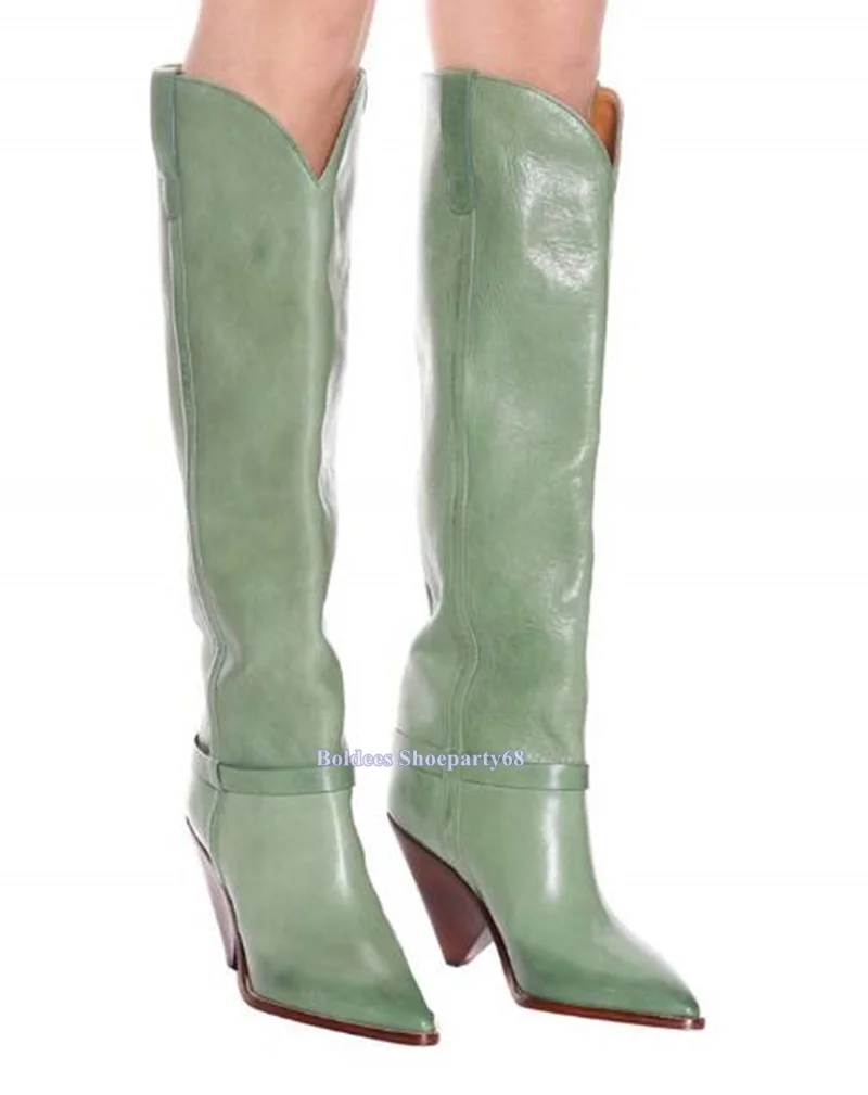 Strange High Heeled Pointed Toe Fashion Light Green Leather Woman Knee High Boots Designer Spike Heeled Long Rain Botas