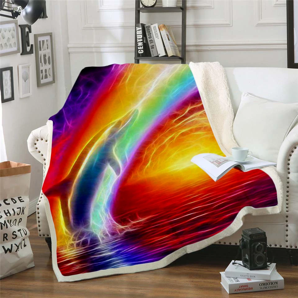 

Plstar Cosmos Cute dolphin colorful animal Blanket 3D print Sherpa Blanket on Bed Home Textiles Dreamlike style-4