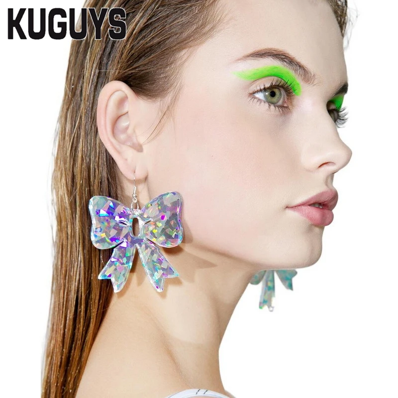 KUGUYS NEW Laser Acrylic Bowknot Fairy Large Drop Earrings for Women Trendy Jewelry Fashion Accessories