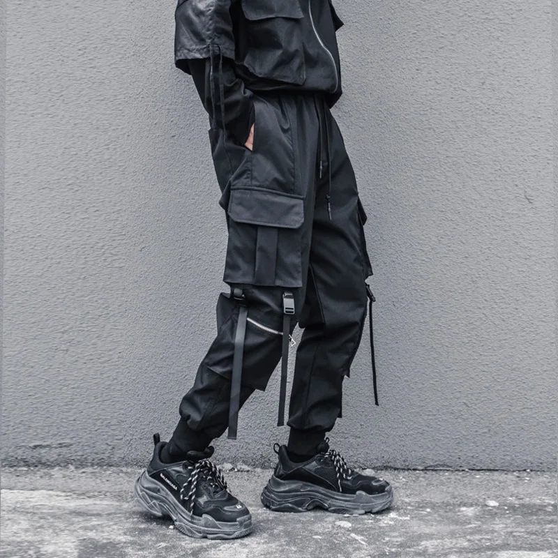 Department overalls male straight beam foot leisure trousers stereoscopic ribbon hip-hop foot big pockets haroun pants