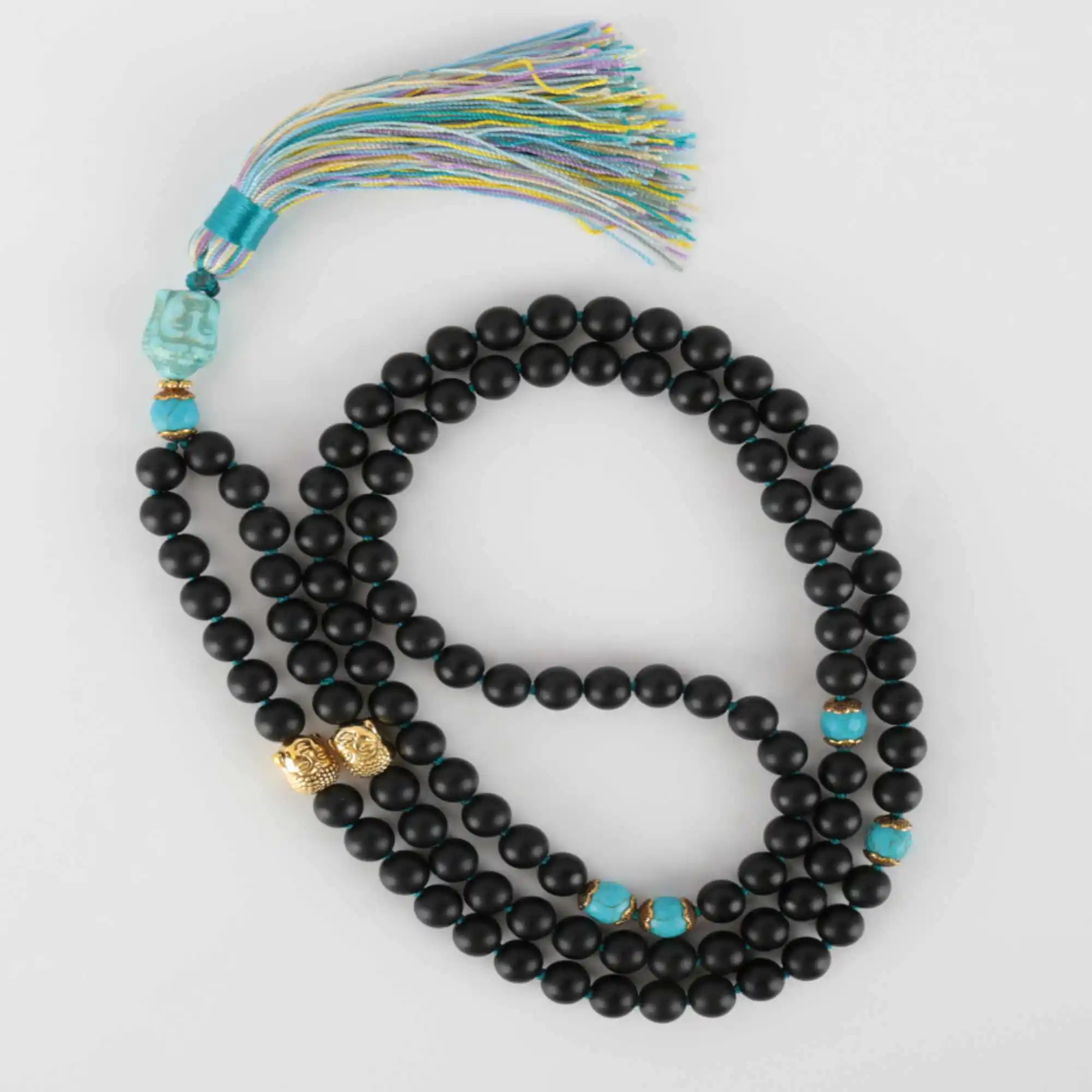 

6mm Black agate blue turquoise gold Buddha head necklace gift Buddhism Energy Handcrafted Pray Spirituality Gift Beaded Mala