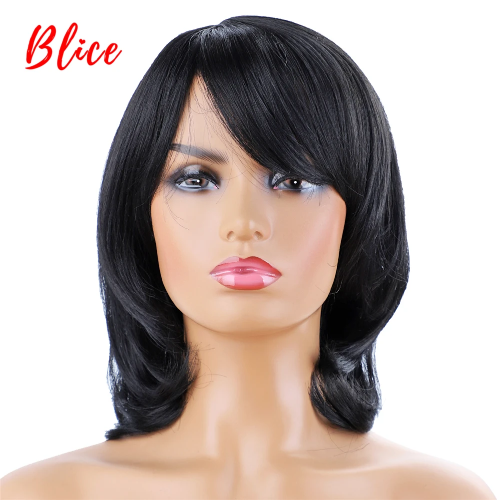 Blice – perruque synthétique ondulée naturelle 10 pouces pour femmes, résistante à la chaleur, couleur noire Pure, 1 #, avec frange sur le côté droit