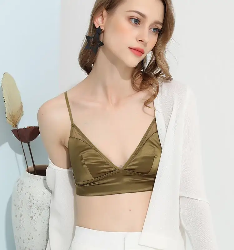 Women's 95% Real Silk 5% Spandax Lining with satin fabric Comfortable Removable pads Wire Free Wireless Bra Bralette TG117 view 2