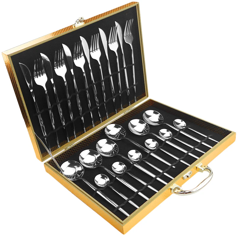 24 PCS Cutlery Set Wooden Box 18/10 Stainless Steel Mirror Dinner Silverware Set Tableware Spoon Flatware Dinnerware Gift Box