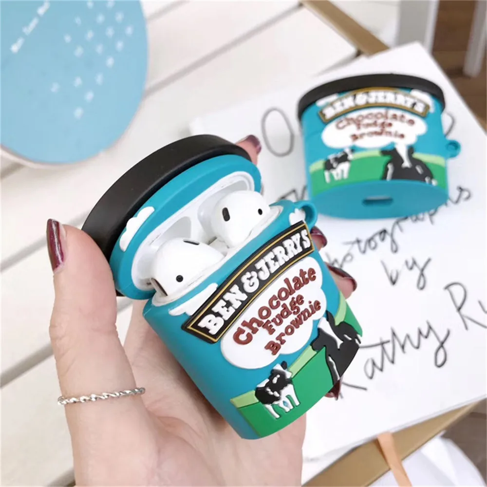 For AirPods 1 2 3 Pro Case Chocolate Ice Cream Brand Ben Jerry Charging Box Cover Earphone Protective Shell With Keychain Hook