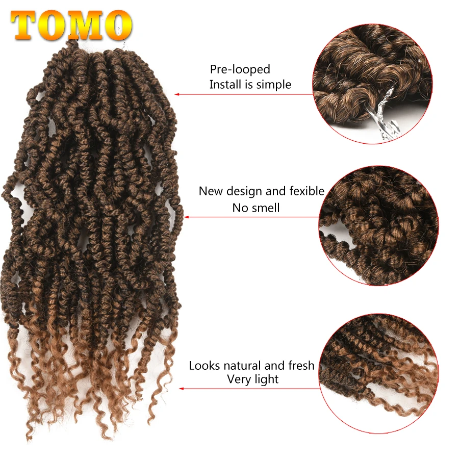 TOMO Crochet Spring Twist Hair 14 inch Pretwisted Fluffy Synthetic Pre looped Passion Twist Crochet Braids 24/16 Root