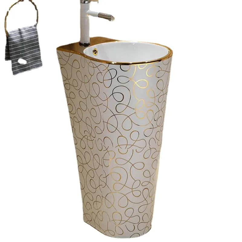 

Gold Stylish Round Pedestal Sink Ceramic Bathroom Sink With Stand Pedestal Wash Basin With Overflow