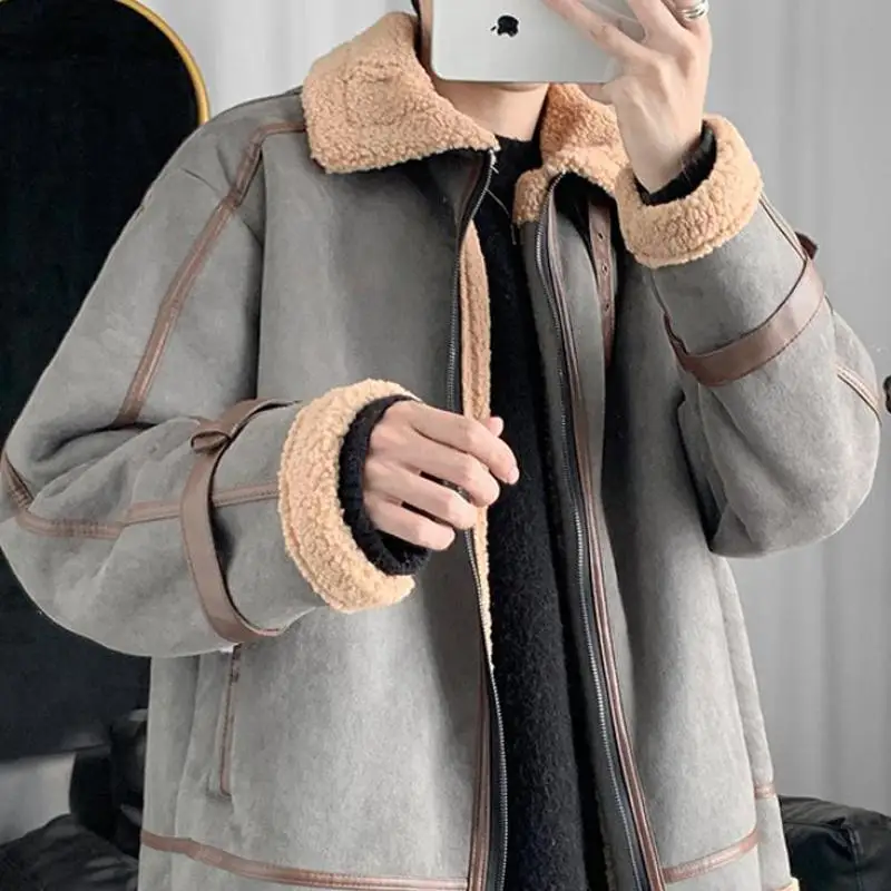 2020 Winter Thick Lamb Plush Men Cotton Coat Loose Trend Lapel Deerskin Fleece Comfortable Warm Zipper Pocket Men Padded Coat