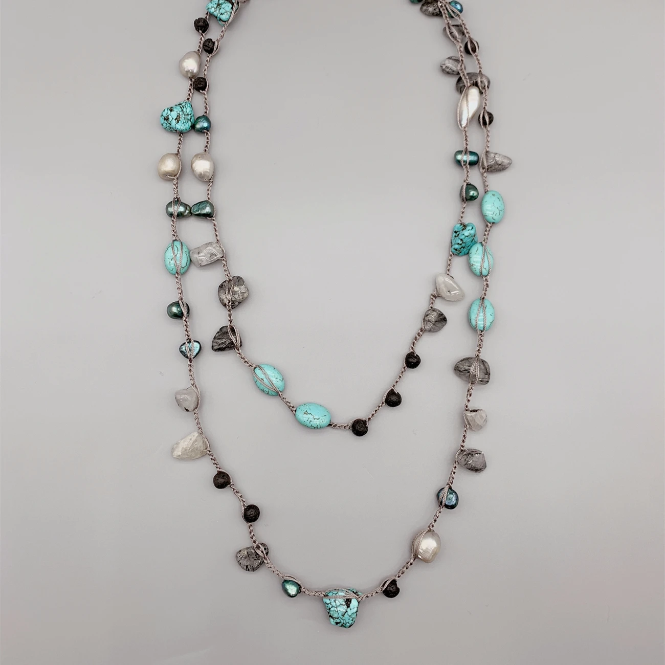 FoLisaUnique Teal Potato Gray Baroque Pearls Turquoise Necklace For Women Braided Crocheted Long Necklace Lava Rock