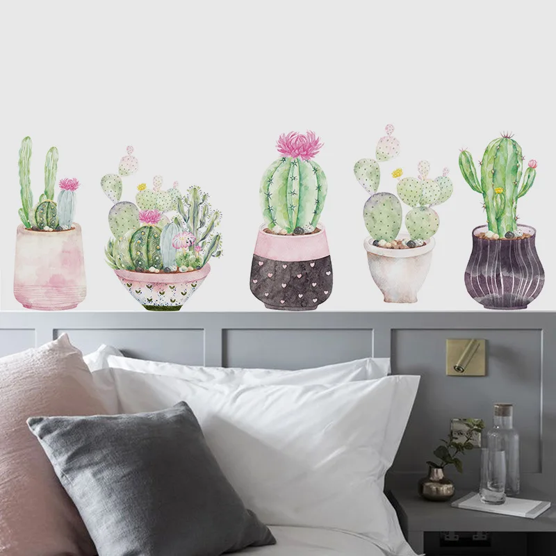 Water Color Cactus Potted Wall Sticker Living Room Background Decoration Mural Bedroom Decals Home Decor Stickers PVC Wallpaper