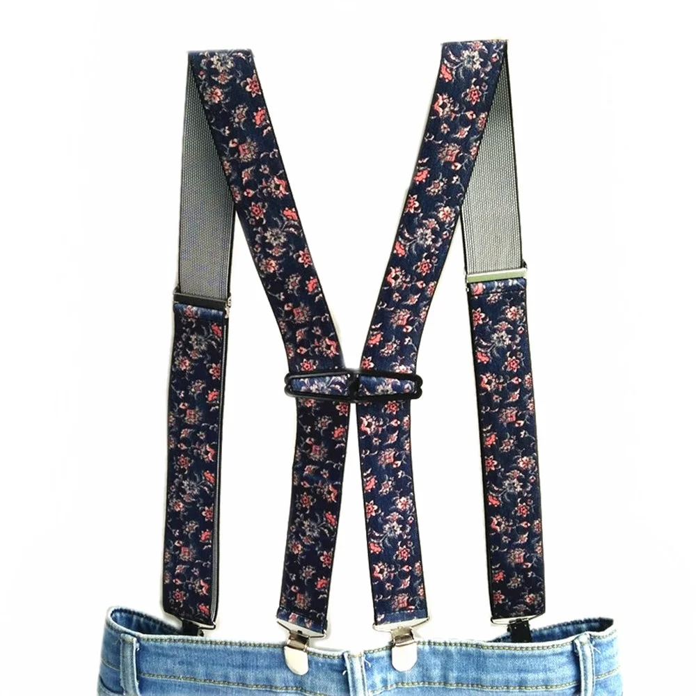 Tirantes con estampado de flores para hombre y mujer, tirantes elásticos ajustables en forma de H, 3,5 de ancho, 4 Clips, nuevo diseño