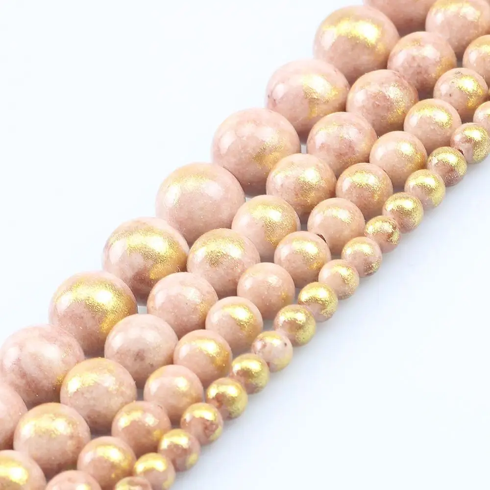 Natural Stone Beige Plated Gold Jades Loose Spacer Beads For Jewelry Making 4 6 8 10mm Round Beads DIY Bracelet Accessories 15''