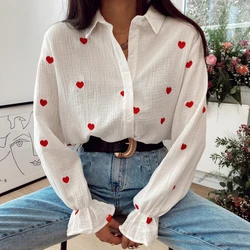 Blusa informal de manga larga con corazones para mujer, camisa elegante con cuello, color rojo, 2023 moda mujer blusa 2023 camisas y blusas Camisa de mujer Blusa camisa con corazones muselina camisa de mujer camisa bor