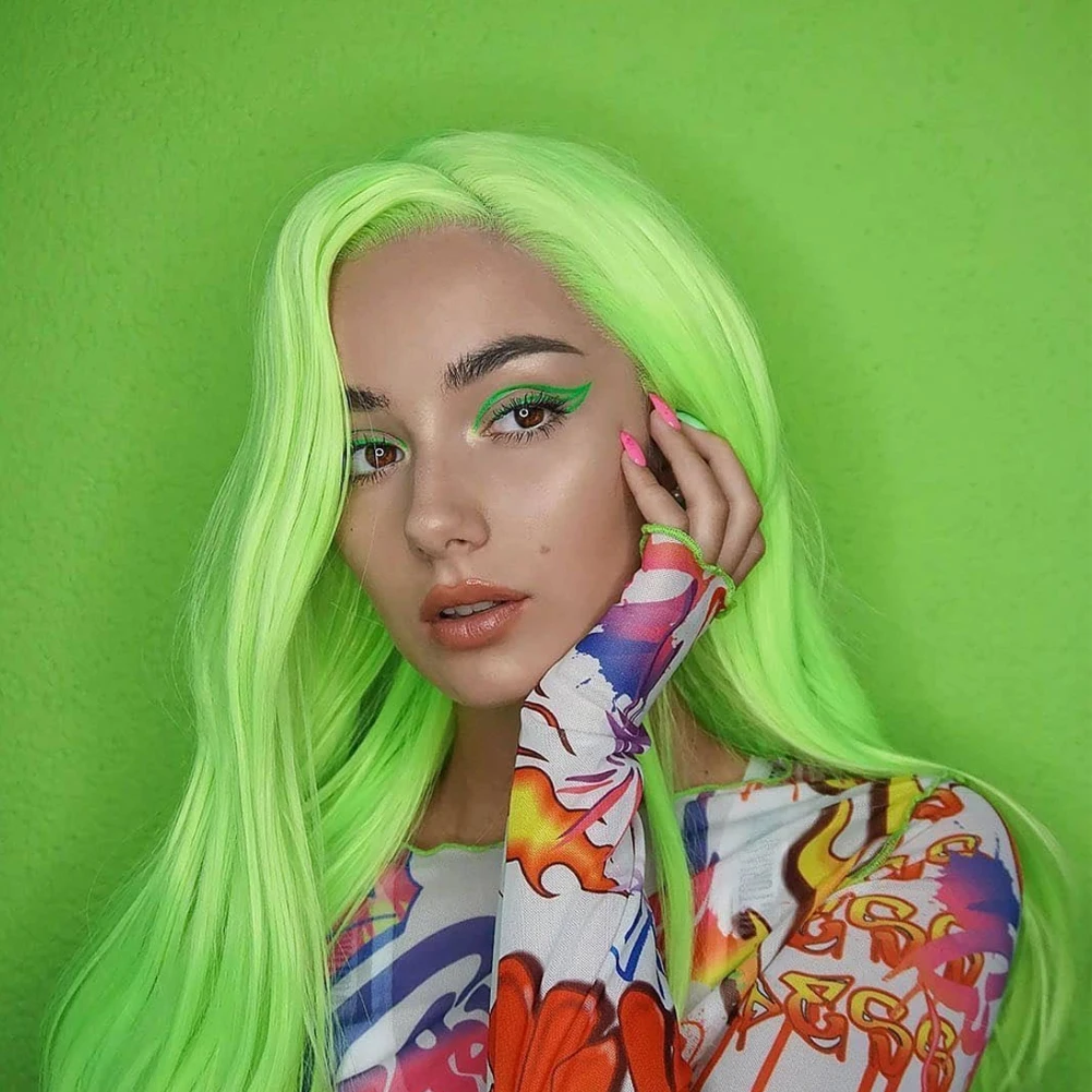 

Neon Green Synthetic Lace Front Wig Long Body Wave Side Part Wig Heat Resistant Fibre Cosplay Makeup Wigs for Women 24 Inches