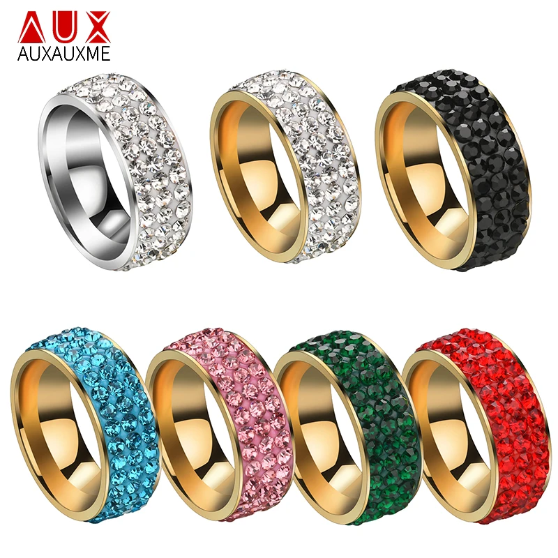 Auxauxme 8mm 3 Rows White Stone Wedding Ring For Women Stainless Steel Pave Setting Stones Rings Engagement Girl Jewelry