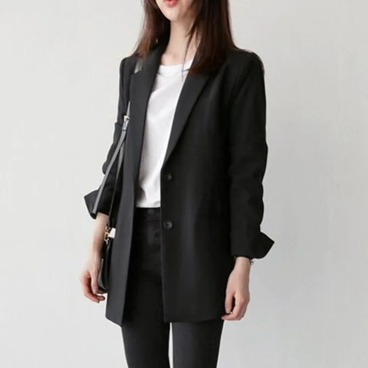 Blazer de traje negro para mujer, chaqueta de oficina de gran tamaño, a la moda, con botones dobles, abrigo largo, informal, Formal, Otoño, 2023