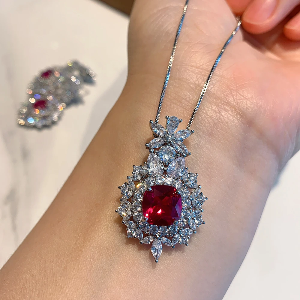 Luxury Ruby Sapphire Jewelry Sets for Women High Carbon Diamond Gemstone Wedding Party Earrings Pendant Necklace Birthday Gift
