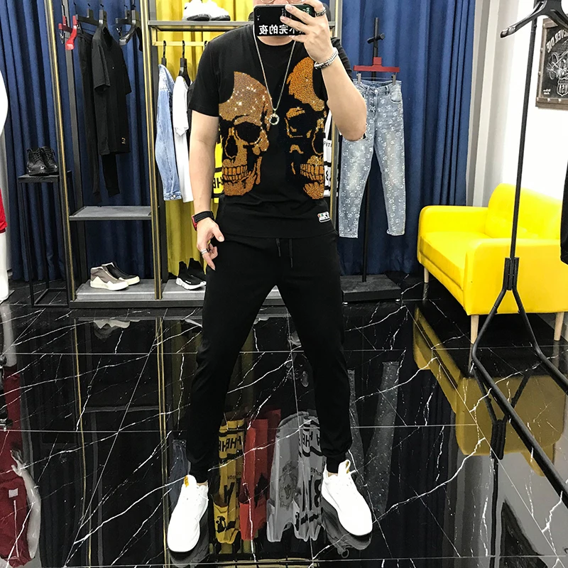 

Men's Sets, Cotton T-Shirt, Black Sweatshirt Comfortable Soft Top And Pants, 2-Piece Hot-Drilled Skull Hip-Hop Track Suit