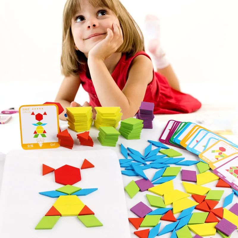 155 Pcs Wooden Pattern Blocks Set Geometric Shape Puzzle Kindergarten Classic Educational Montessori Tangram Toys for Kids