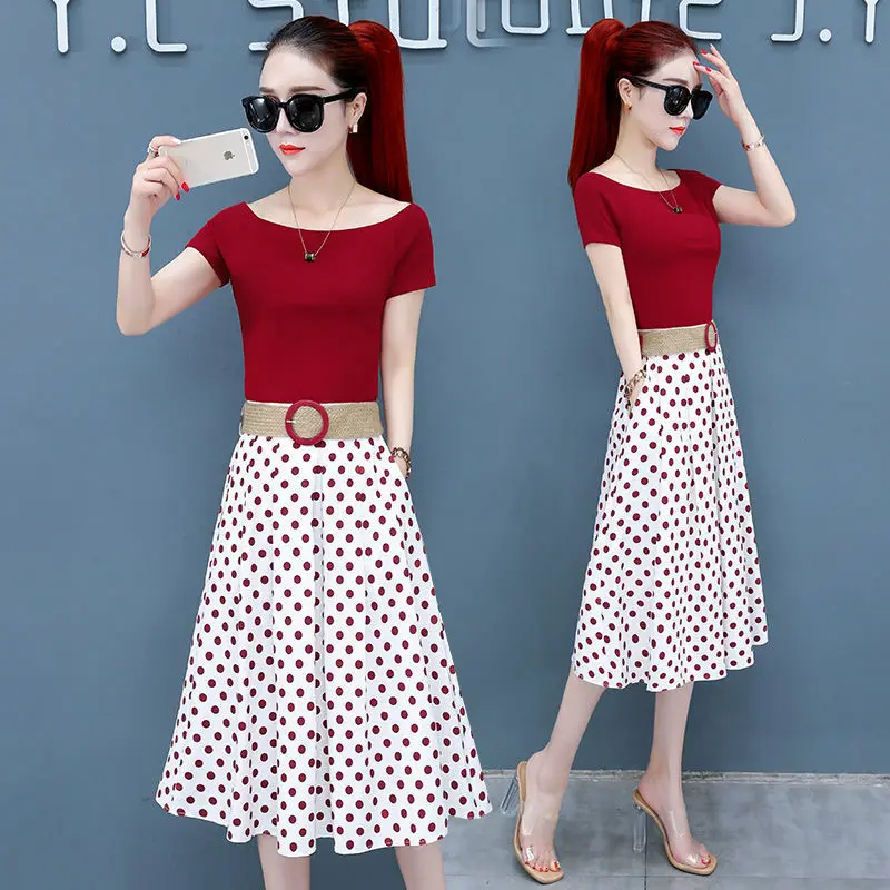 Women's Summer Dress Two Piece Set 2021 Round Neck Shoulder Short Sleeve T-shirt Polka Dot Printing Midi Skirt Temperament Woman