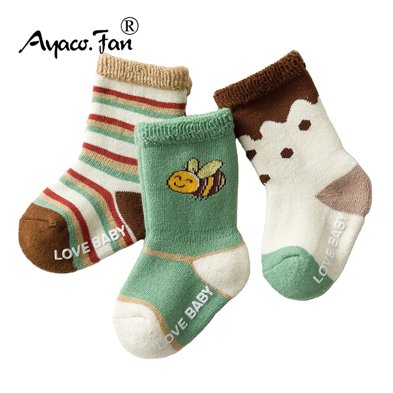 3 Pairs/Lot Toddler Kids Socks Newborn Baby Prewalker Winter Thick Terry Cotton Girl Autumn Infant Boy Skidproof Cute Sock 0-5T