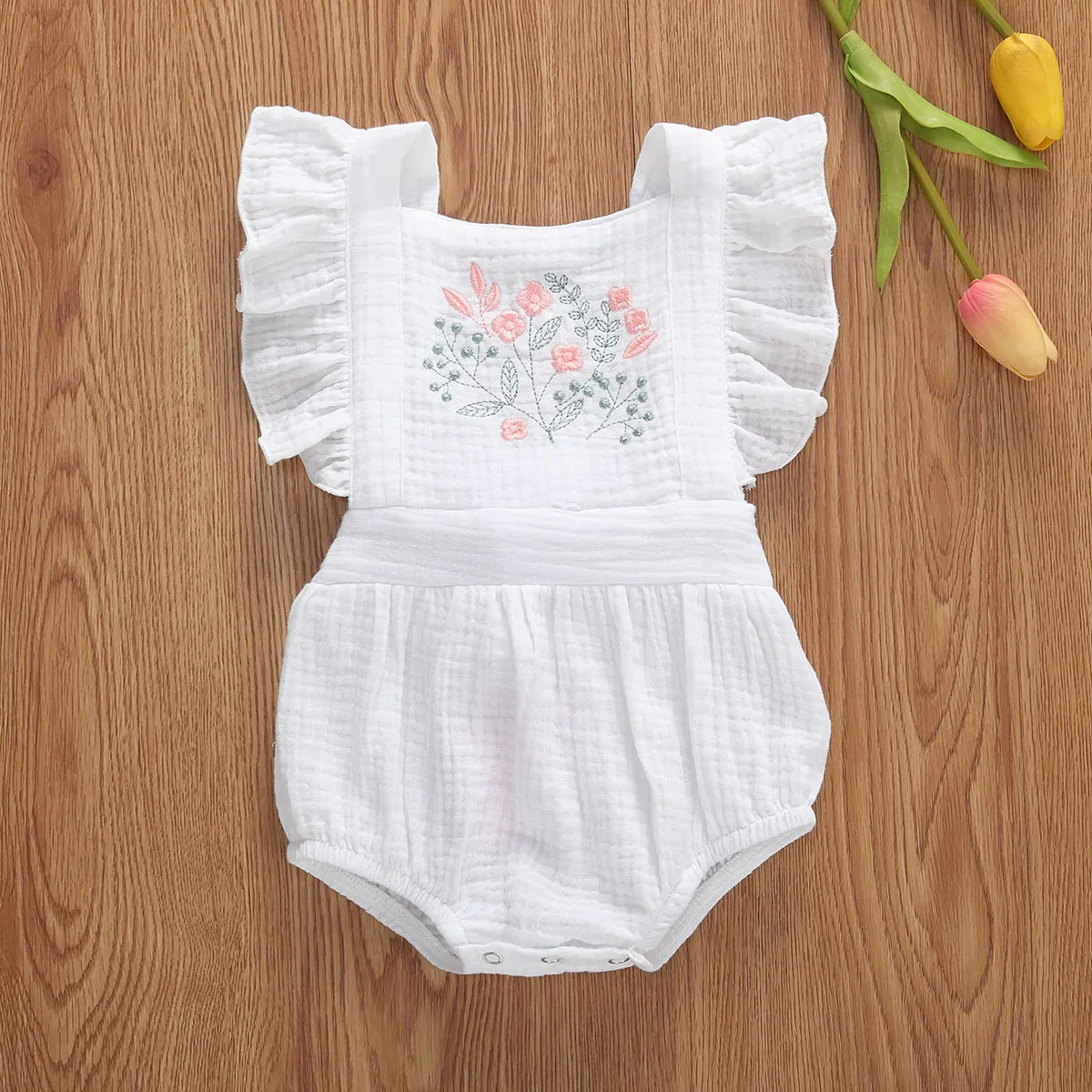 Newborn Baby Girls Romper Sleeveless Ruffle Embroidered Flower Loose Jumpsuit Romper Outfit One-Pieces