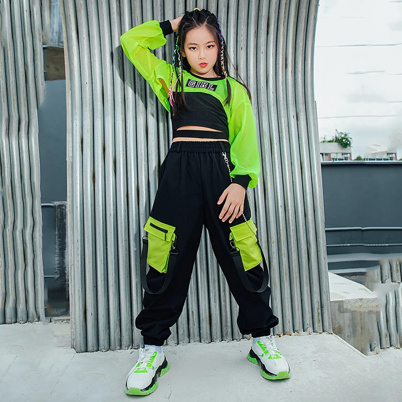 Crianças hip hop roupas meninas jazz dança traje neon verde colheita topos preto colete carga calças dança rua desempenho wear bl7108