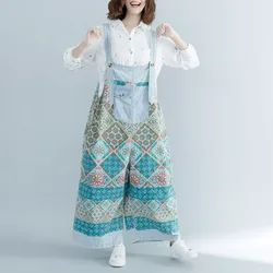 2020 female new spring and  summer plus size literary ethnic style printed wide-leg do- old and adjustable slim 9-point overalls