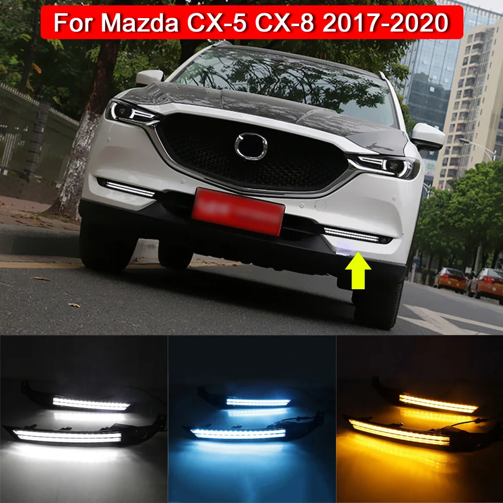 For Mazda CX-5 CX-8 2017-2020 Front Bumper LED DRL Daytime Lamp Blue Night Light Dynamic Amber Turn Signal Lights