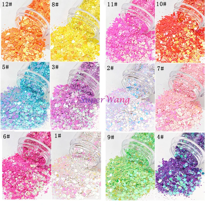 12Colors 100g 500g  Wholesale Hexagon Mix Size Candy Color Eye Face Crafts Nail Art Bling Sequins Glitter Chunky Bulk Powder