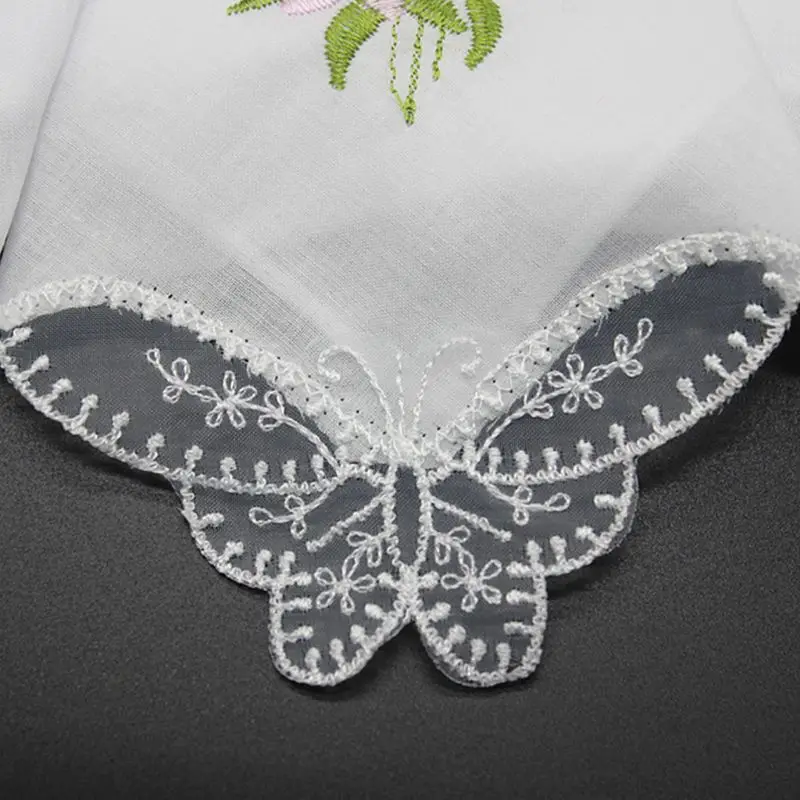 5Pcs Womens Cotton Handkerchiefs Floral Embroidered Butterfly Lace Pocket Hanky