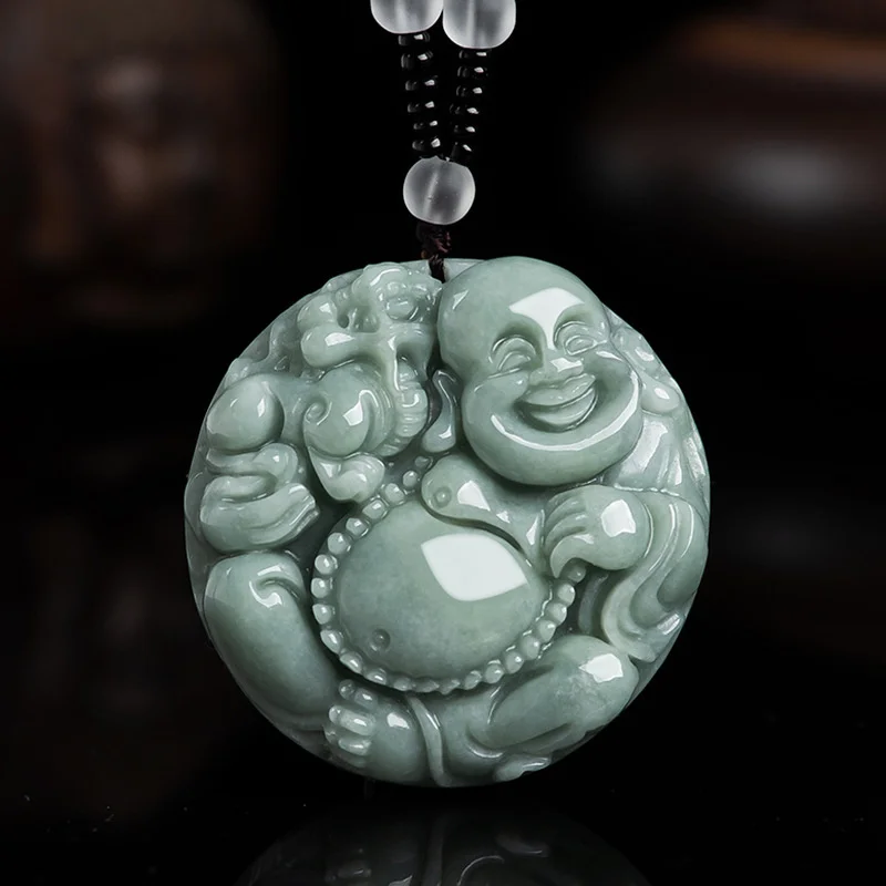 Hot Selling Natural Hand-carve Jade Ice Species Pixiu Maitreya Buddha Necklace Pendant Fashion Jewelry MenWomen LuckGifts Amulet