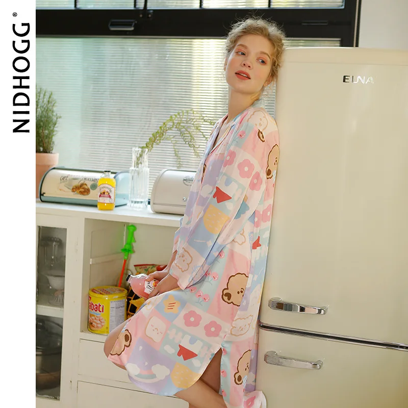 

2021 Summer Satin Nightgowns Long Sleeve Cute Teen Pyjamas Cartoon Print Loose-sleeved Cardigan Skirt Lapel Women Night Dress